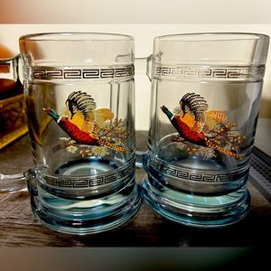 Set of two Vintage Princess House Steins-Pheasant Mugs with Gold Greek Key Trim.